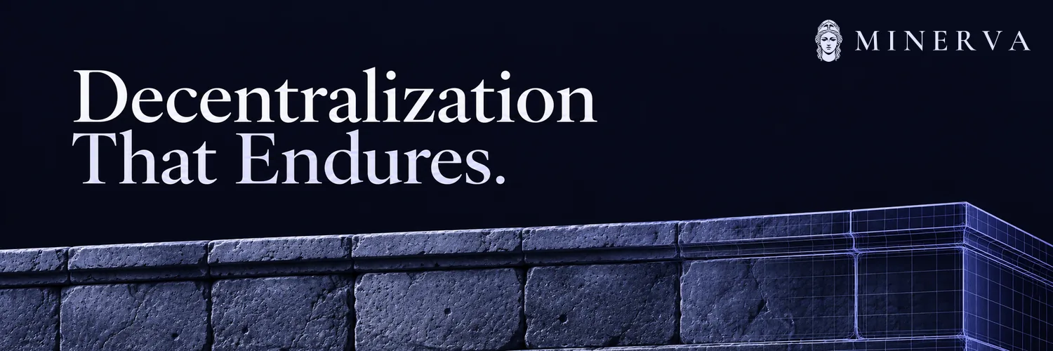 Decentralization that endures. A stone wall rendered in navy wireframe.