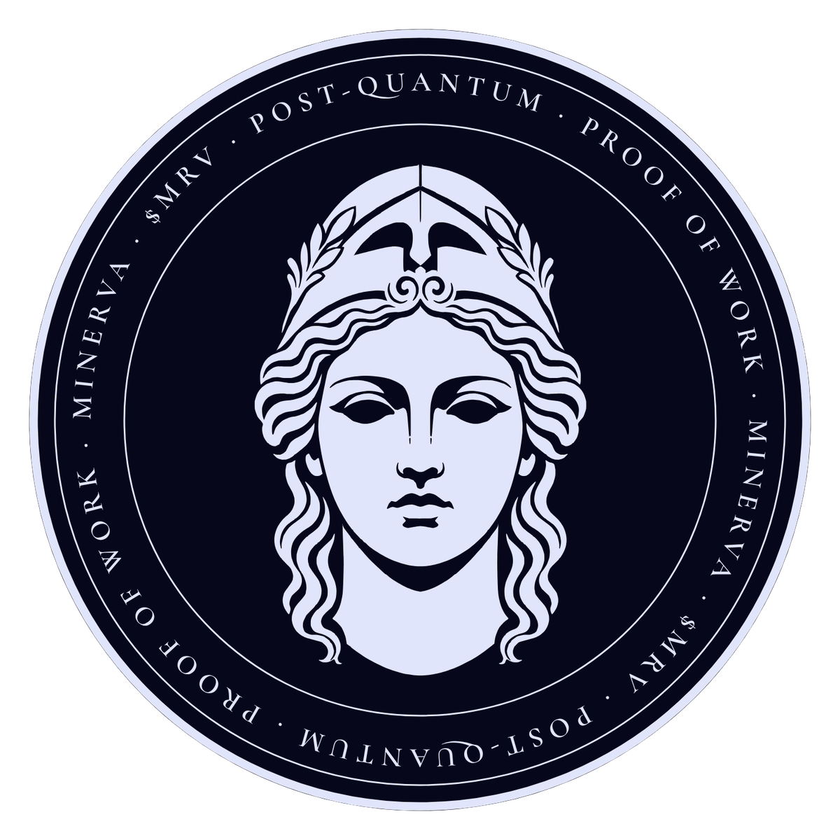 The Minerva emblem: a helmeted classical figure inside a ring reading Minerva, MRV, post-quantum, proof of work.